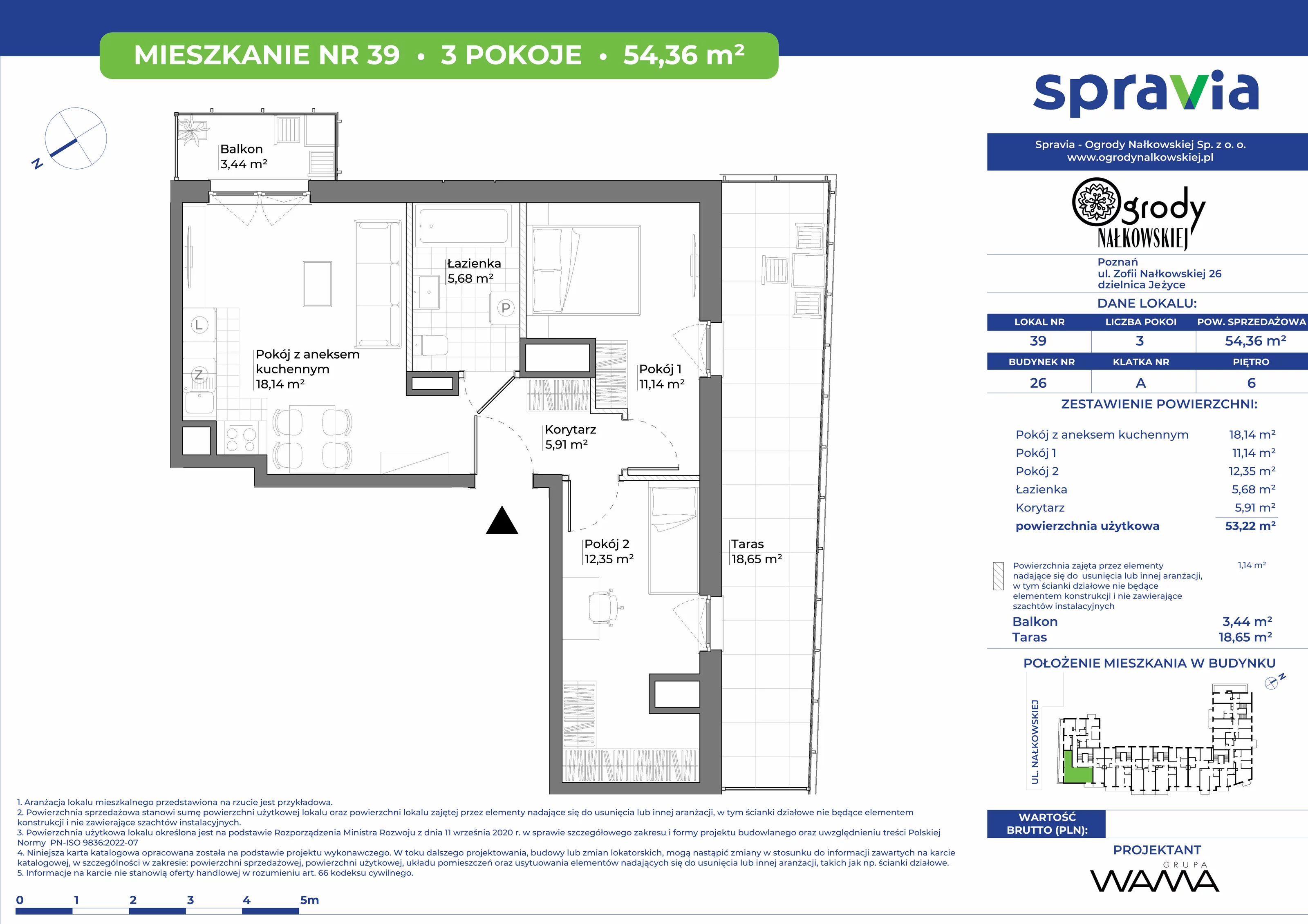 3 pokoje, mieszkanie 54,36 m², piętro 6, oferta nr 26-39, Ogrody Nałkowskiej, Poznań, Ogrody, ul. Nałkowskiej 24, 26